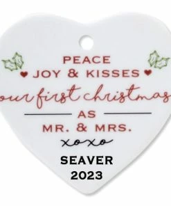Peace, Joy & Kisses Heart Wedding Ceramic Personalized Christmas Ornament