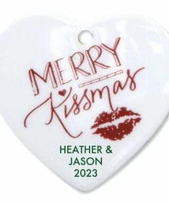 Merry Kissmas Heart Ceramic Personalized Christmas Ornament