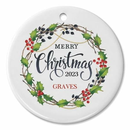 Merry Christmas Berry Wreath Ceramic Personalized Christmas Ornament -Department Store 817353 2023