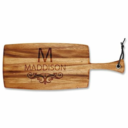 Last Name Scroll Engraved Wood Paddle Cutting Board 1 Last Name Scroll Engraved Wood Paddle Cutting Board