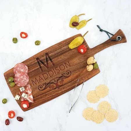 Last Name Scroll Engraved Wood Paddle Cutting Board 4 Last Name Scroll Engraved Wood Paddle Cutting Board - Image 4