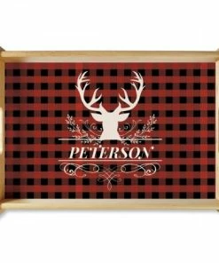 Buffalo Plaid Natural Wood Personalized Serving Tray