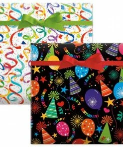 Black Hats/Streamer Confetti Birthday Jumbo Rolled Gift Wrap